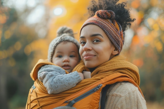 Mulattin geht an einem Herbsttag mit ihrem Baby in einer Babytrage spazieren