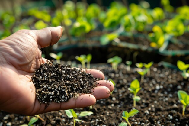 Foto mulcha de mão com mudas de plantação ao fundo