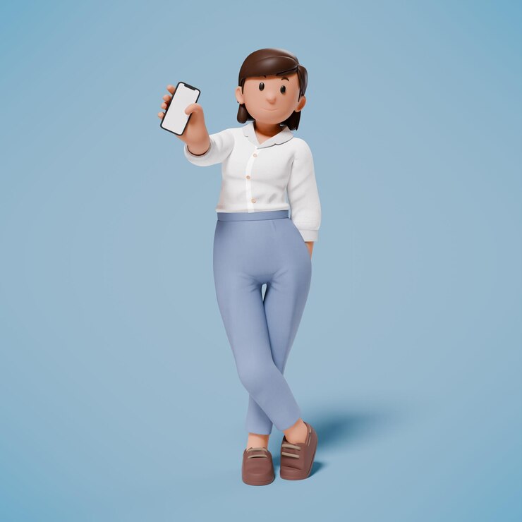 Foto mulher 3d segurando um celular enquanto posa e mostra sua tela de celular para a câmera
