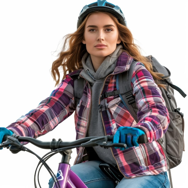 Mulher a andar de bicicleta com capacete e luvas