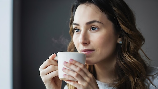 Mulher a beber café de perto