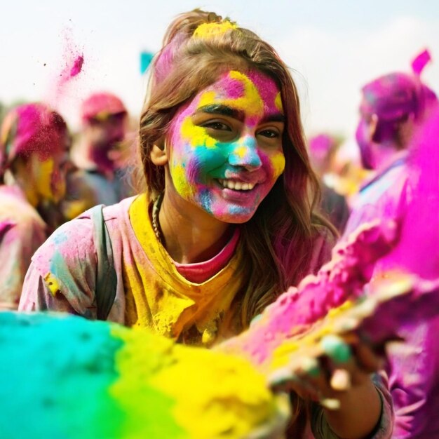 Foto mulher a brincar com pó de holi.