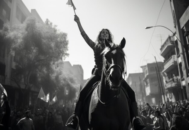 Mulher a cavalo em campo aberto.