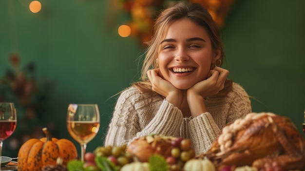 Mulher a celebrar o Dia de Acção de Graças