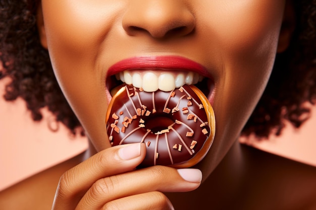 Foto mulher a comer um donut de chocolate.