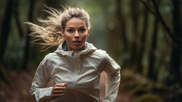 Mulher a correr de fato de treino pela floresta.