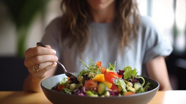 Mulher a desfrutar da salada no restaurante Vista de cima para baixo