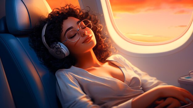 Mulher a dormir no avião.