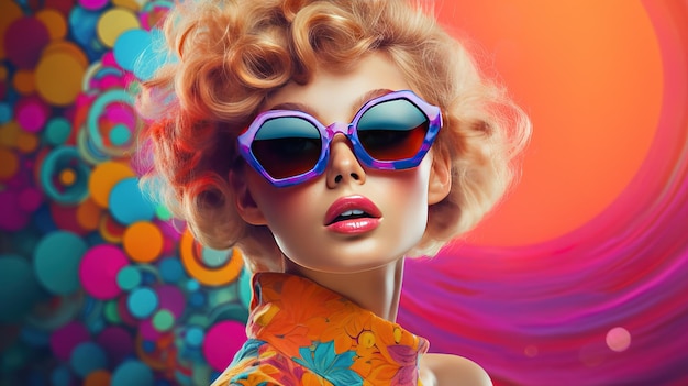 Foto mulher à moda com estilo dos anos 60 em um olhar colorido