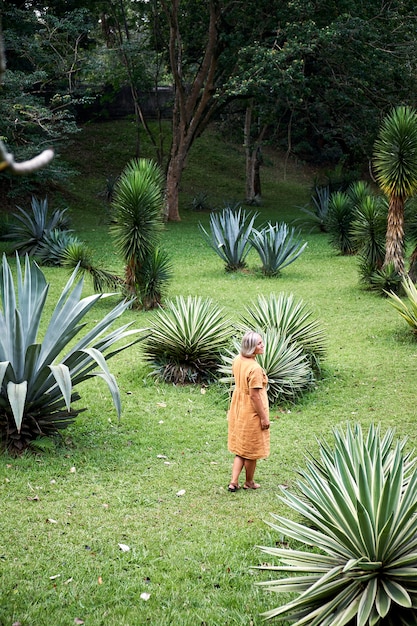 Mulher a pé no campo verde paisagem entre agaves