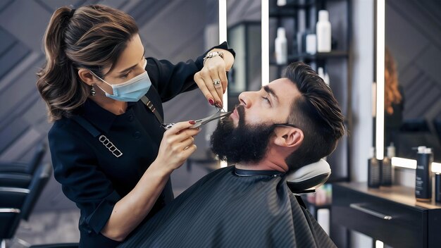 Mulher a rapar a barba de um homem no salão.