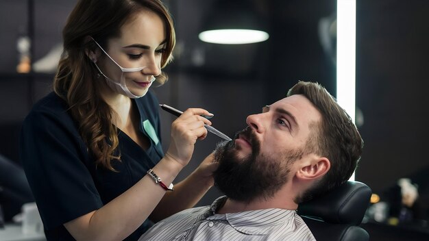 Mulher a rapar a barba de um homem no salão.