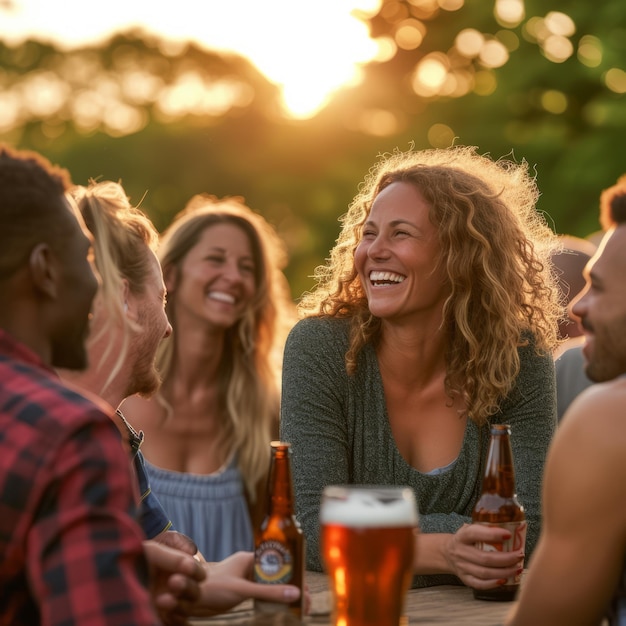 Mulher a rir com amigos ao pôr-do-sol