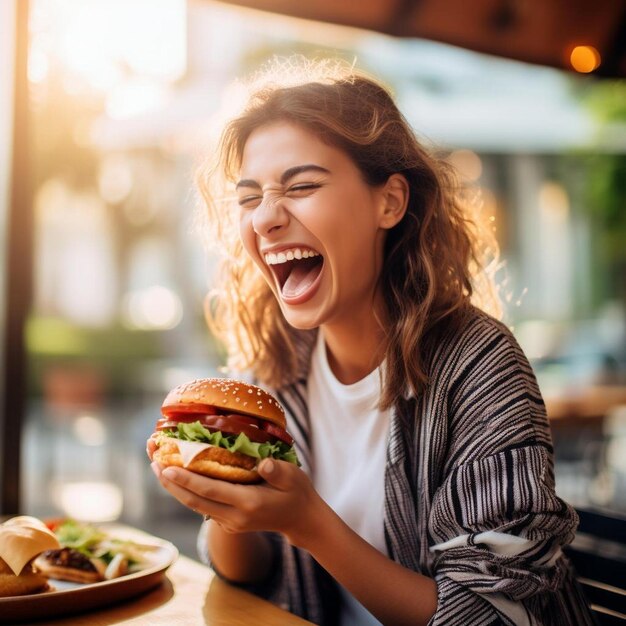 Foto mulher a rir e a comer um hambúrguer.