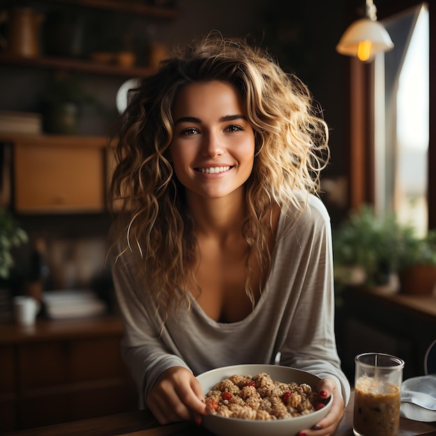 mulher a tomar um pequeno-almoço saudável com granola