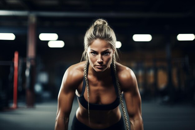 Foto mulher a treinar com corda de batalha em crossfit