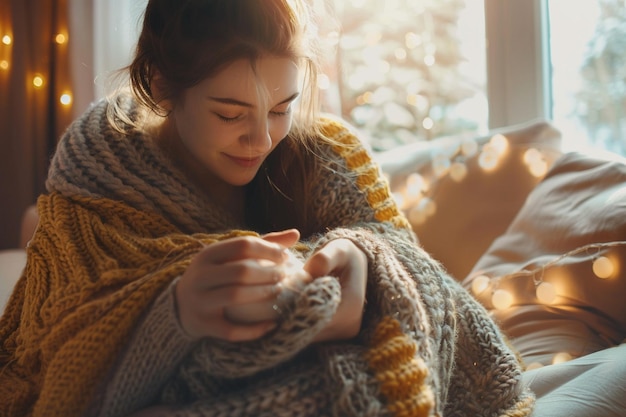 Mulher a tricotar um cobertor aconchegante com fio macio e grosseiro