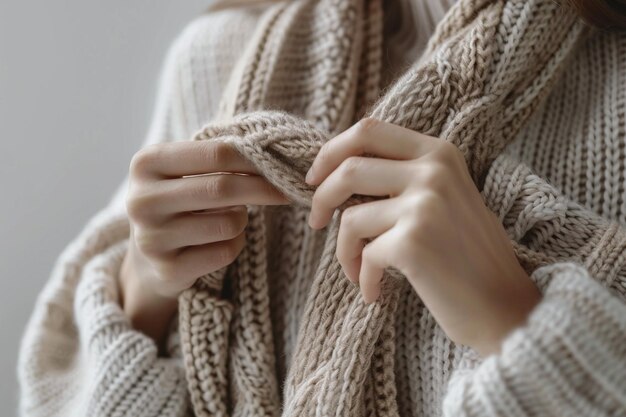 Mulher a tricotar um lenço aconchegante com lã de merino macia