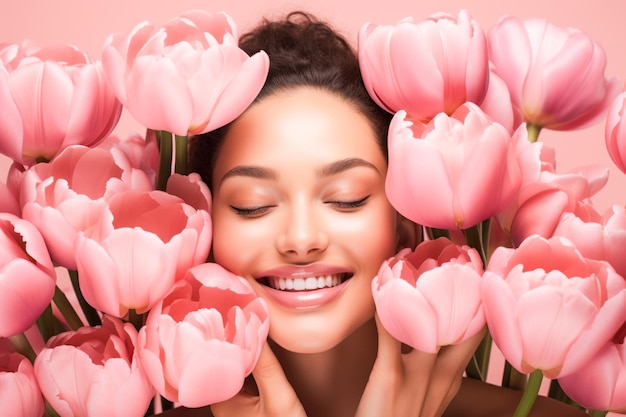 Foto mulher abençoada com os olhos fechados abraçada por tulipas cor-de-rosa