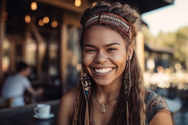 Mulher aborígine australiana sorridente com charme cultural no café