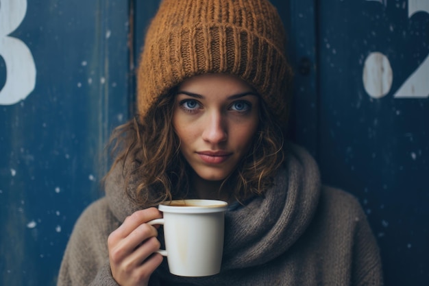 Mulher abraça o calor do outono vestindo chapéu elegante e casaco castanho enquanto segura uma xícara de café