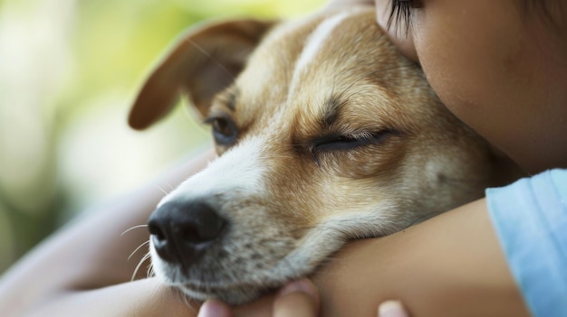 Mulher abraçando cão com os olhos fechados