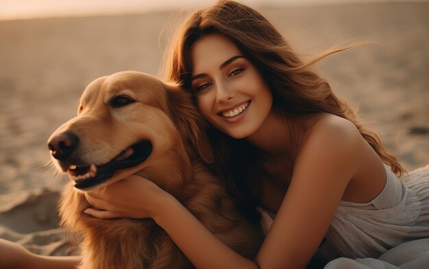 Foto mulher abraçando cão na praia