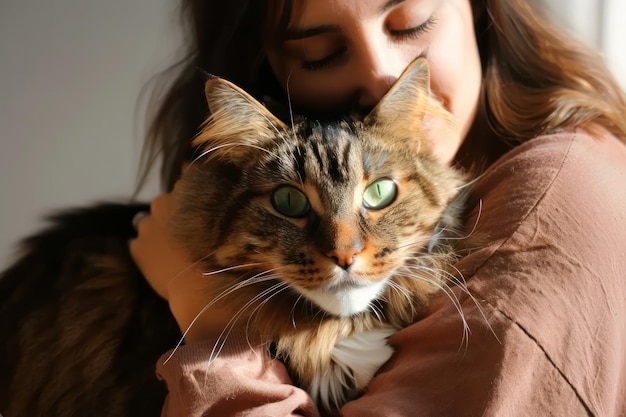 Mulher abraçando gato com grandes olhos verdes imagem do Dia Internacional do Beijo