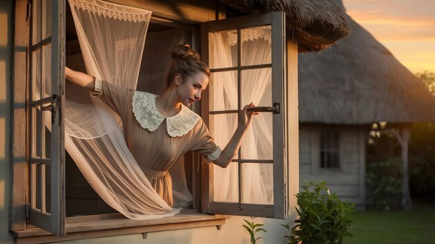 Mulher abre uma janela com uma rede contra mosquitos