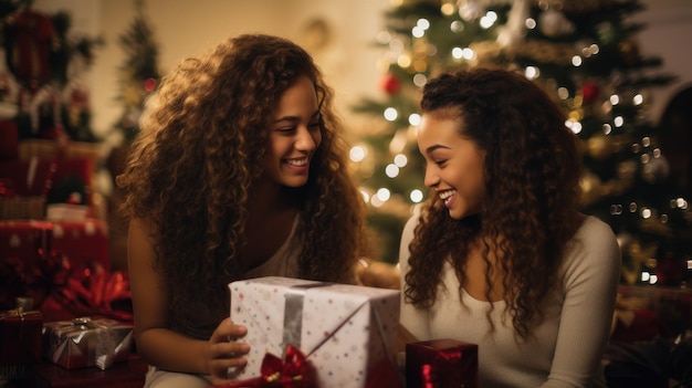 Foto mulher abrindo caixa de presentes de natal com expressão de surpresa