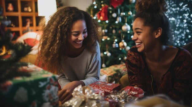 Foto mulher abrindo caixa de presentes de natal com expressão de surpresa