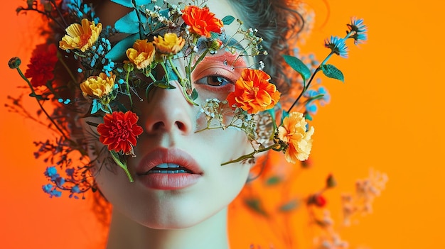 Mulher abstrata floral misteriosa com olhos cobertos de flores