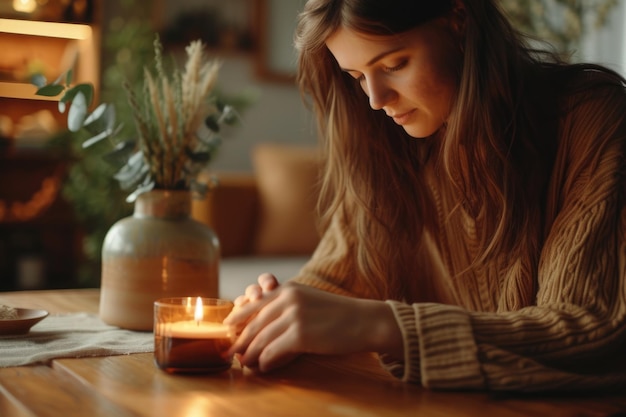 Mulher acendendo uma vela em uma mesa de madeira na sala de estar em close-up