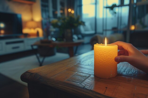 Mulher acendendo uma vela em uma mesa de madeira na sala de estar em close-up