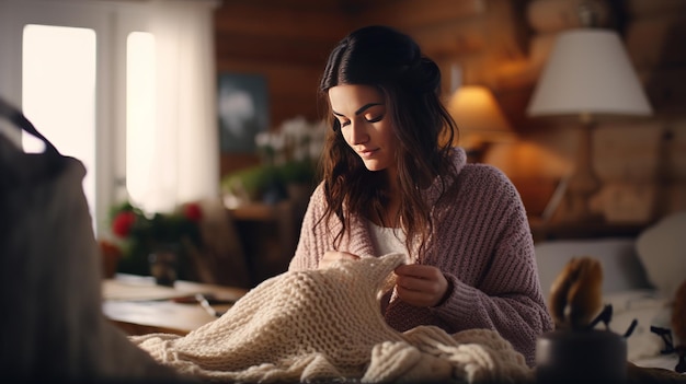 Mulher aconchegante com itens essenciais de inverno fazendo um lenço quente à mão