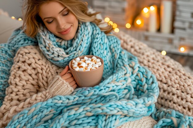 Mulher aconchegante embrulhada em um cobertor de tricô desfrutando de uma xícara quente de cacau com marshmallows inverno