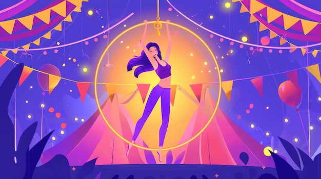 Mulher acrobata em anel Carnaval show bandeira apresentação de circo Página de chegada moderna com ilustração de desenho animado de mulher acrobata dançarina aerialista
