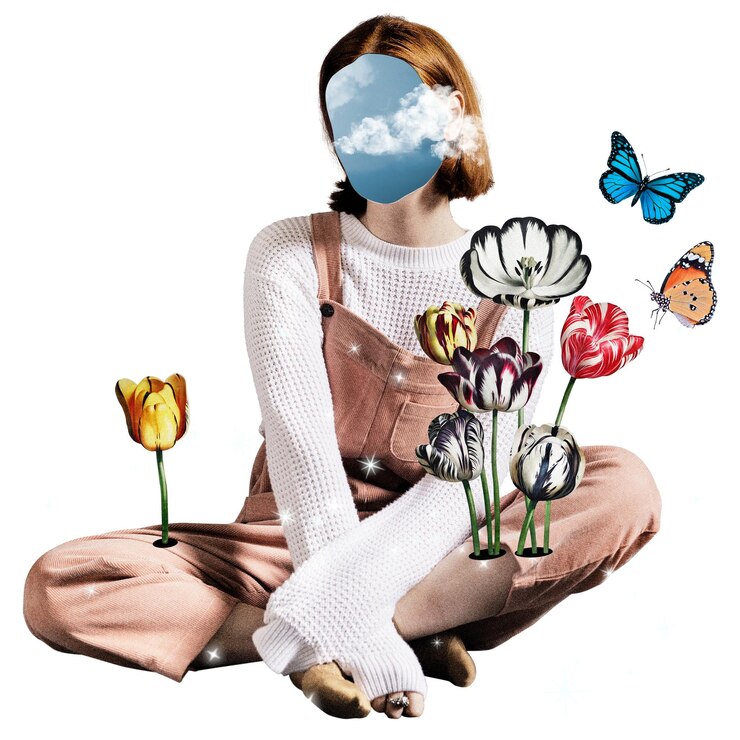 Foto mulher adesivo png escapismo surrealista mídia mista fundo transparente