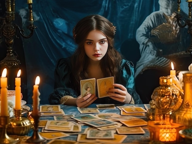 Mulher adivinhando nas cartas de tarô