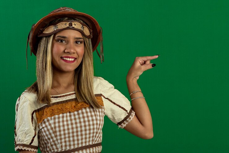 Foto mulher adolescente em foto de estúdio com fundo verde fazendo poses e expressões faciais vestindo traje típico de festa junina