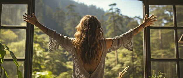 Foto mulher adora permanecer com as mãos abertas ao lado de janelas panorâmicas com vista para uma floresta de pinheiros em uma casa de campo ou hotel