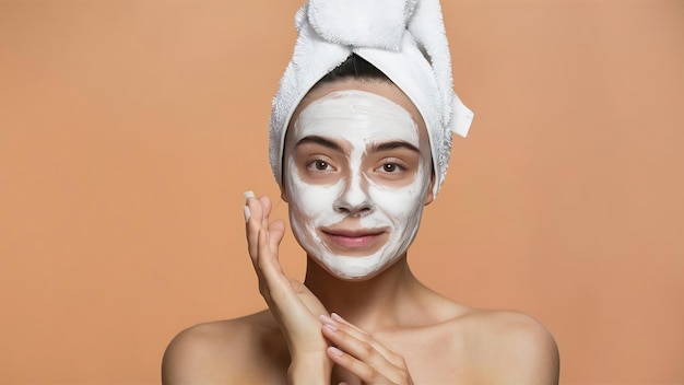 Mulher adorável tem pele suave e delicada usa máscara de creme no rosto para reduzir a acne tem um complexo saudável