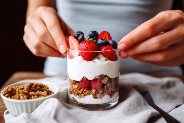 Foto mulher adornando iogurte grego com granola