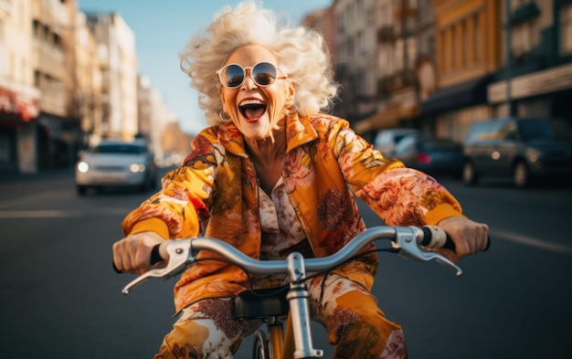 mulher adulta andando de bicicleta avó em uma bicicleta no dia de outono