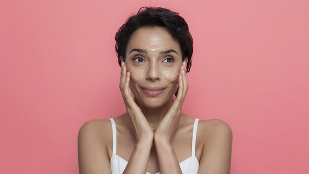 Foto mulher adulta com pele saudável massageia o rosto para prolongar a juventude