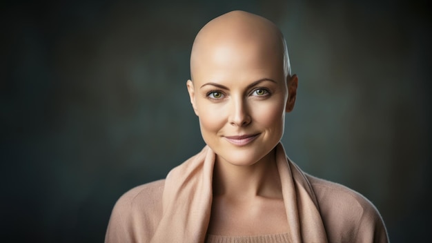 mulher adulta de meia idade fictícia com cabeça careca como sobrevivente do câncer de mama