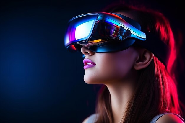 Foto mulher adulta jovem em óculos futuristas de realidade virtual