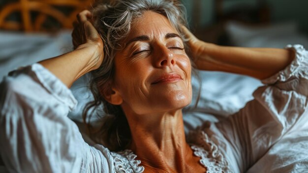 Mulher adulta sorridente se estendendo na cama meio depois de acordar conceito do Dia Mundial do Sono