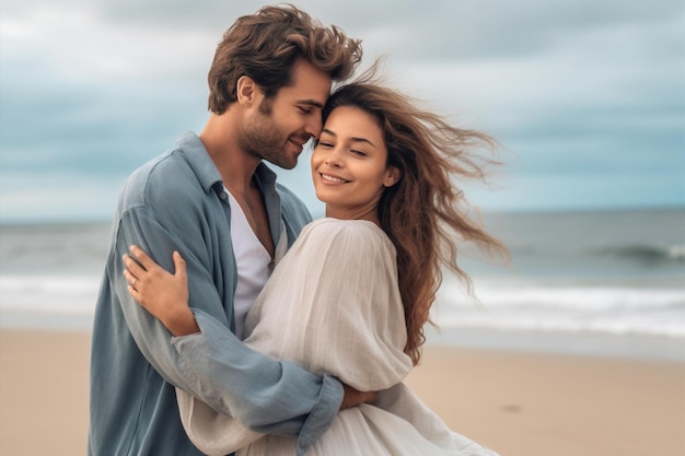 Mulher adulta, verão divertido, jovem, felicidade, férias no mar, casal sorridente, feliz, IA generativa.