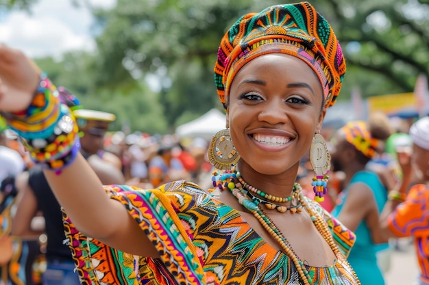 Mulher africana alegre comemorando um festival cultural vestida com roupas tradicionais